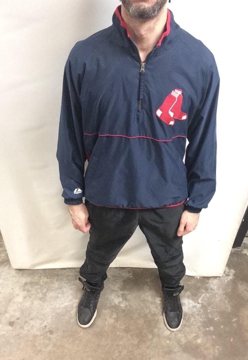 Vintage 2000's Authentic Collection Majestic Brand Boston Red Sox Baseball MLB Nylon Bomber pullover Jacket (Size Medium)