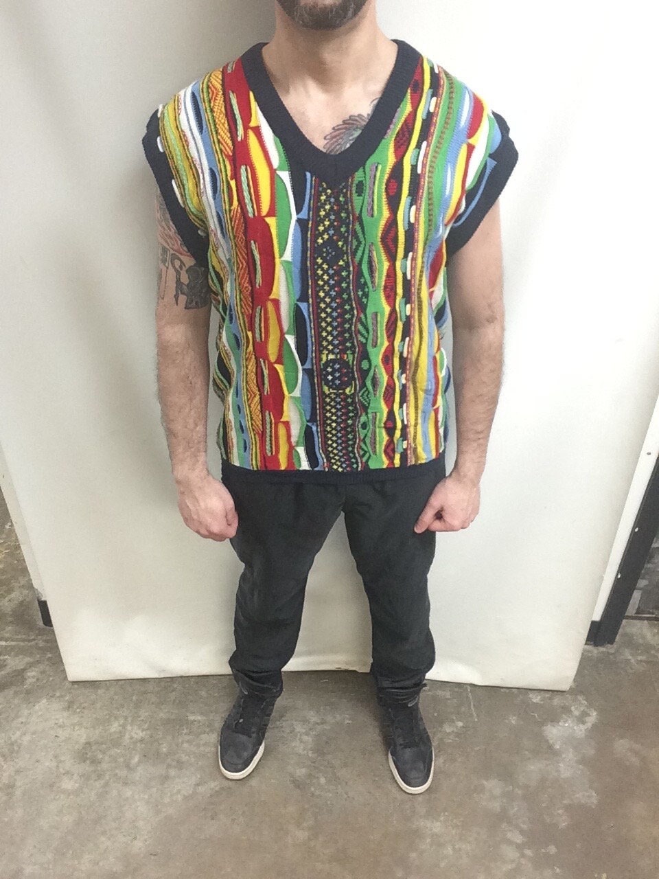 Vintage 90s Coogi Style Sweater Vest: Colorful Biggie Smalls V