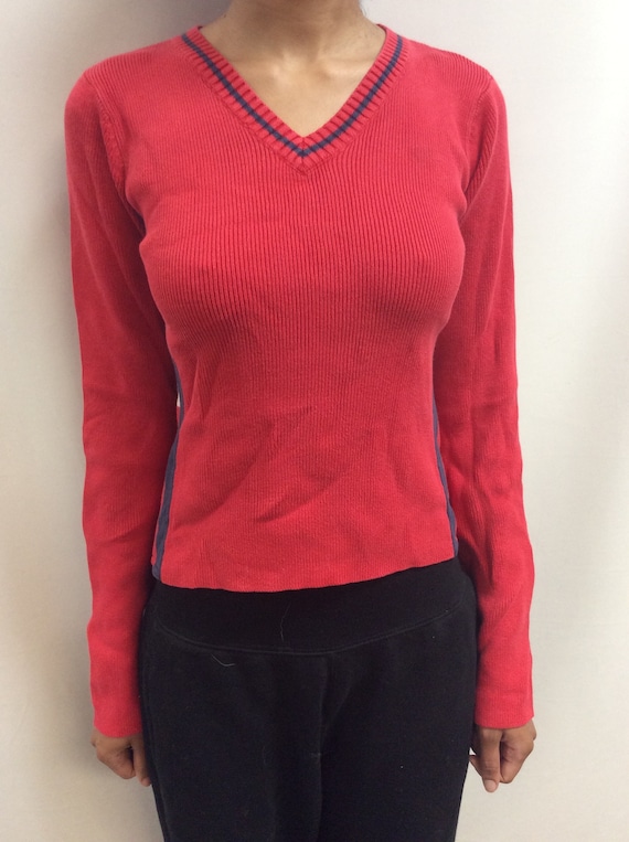 Vintage 90's Tommy Hilfiger Red Knitted V-Neck To… - image 8