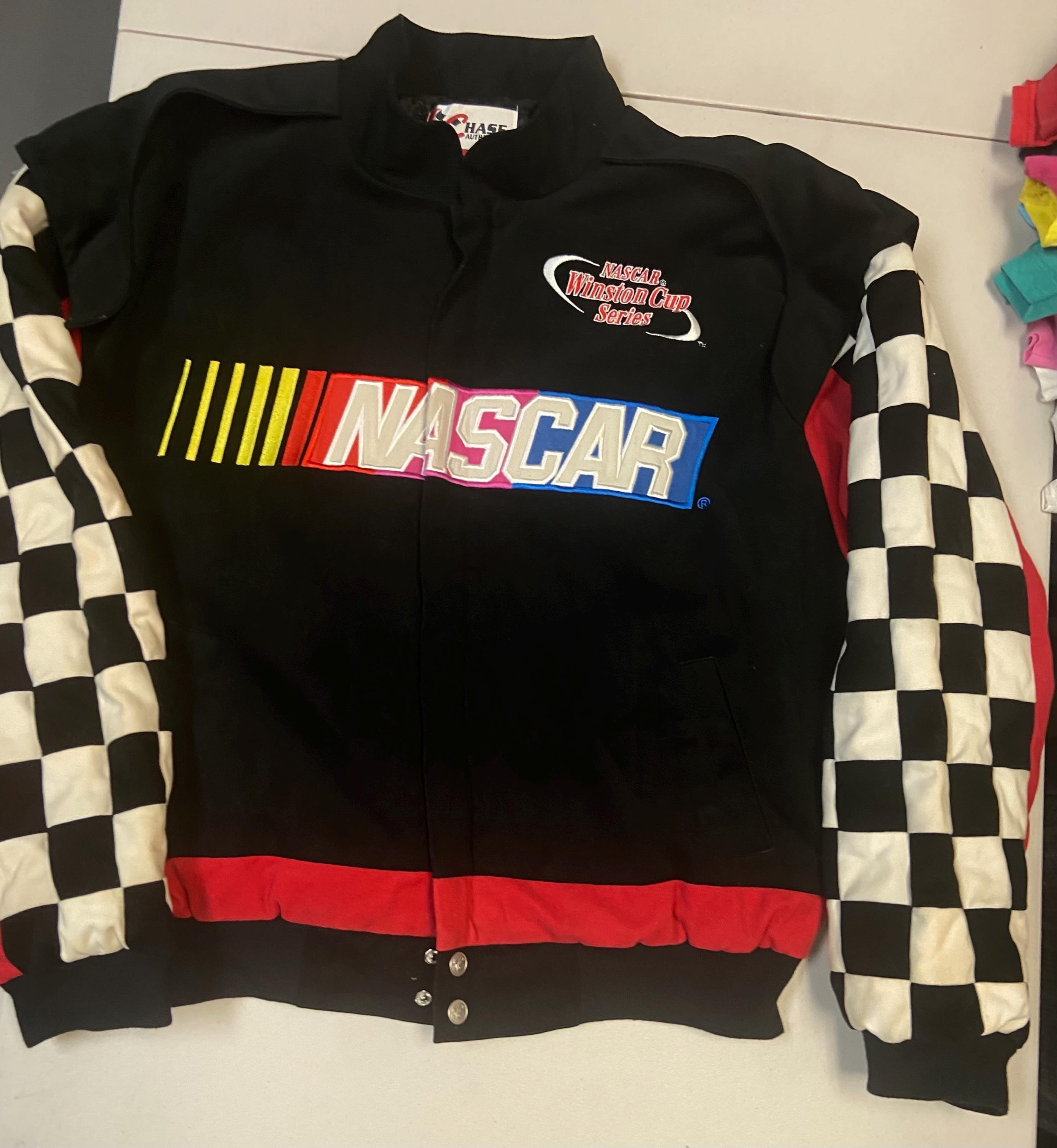 Vintage 90s NASCAR Jacket, Winston Cup Checkered Sleeves (size XL 