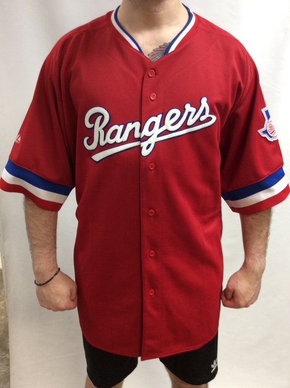 Vintage 90's Original Texas Rangers Red White & Blue Classic Majestic Baseball Jersey (Made in Usa) (Size 4XL)