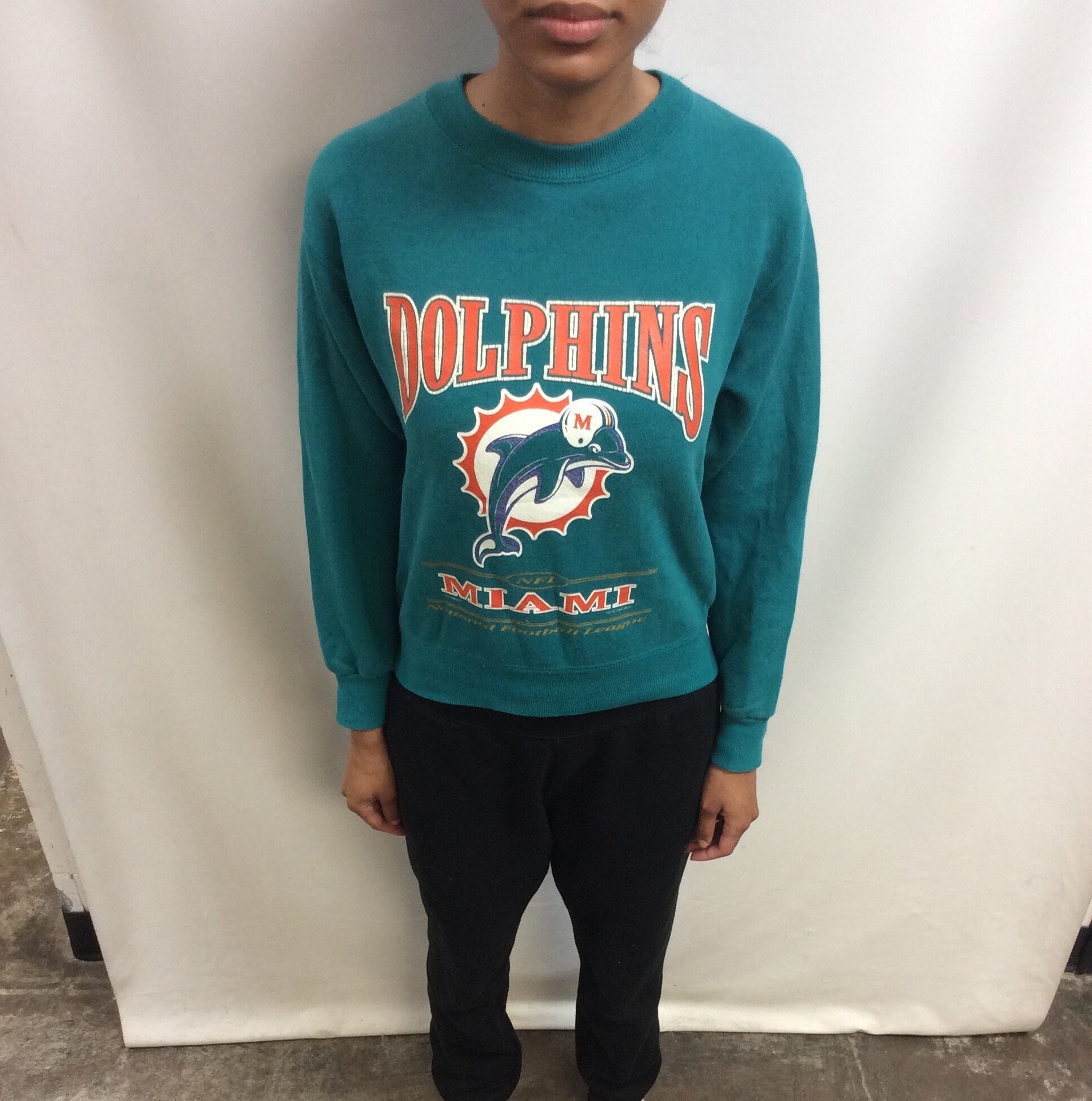 Vintage 90 s 1997 Original Miami Dolphins Football Classic Aqua Green Orange Printed Nutmeg by Lee Sweatshirt Size M