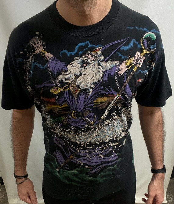 Vintage 90s Wizard Graphic T-shirt: Liquid Blue All Over Print, XL
