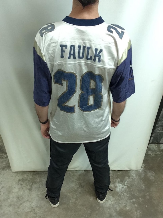 Vintage 90 s St. Louis Rams 28 Marshall Faulk Classic White Blue Gold Original NFL Puma Football Jersey size Adult Large Etsy
