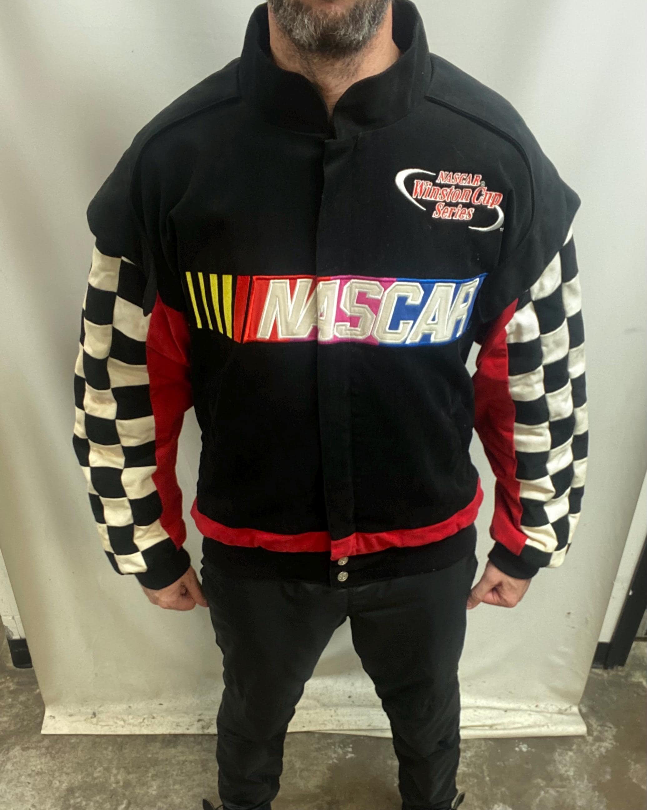 Vintage 90s NASCAR Jacket, Winston Cup Checkered Sleeves (size XL 