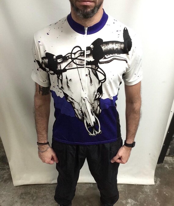 トップス 90s primal wear bone bicycle tee noroll Vintage 90s Primal Wear Cycling Jersey, Longhorn Skulls Design