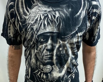 Maglietta vintage anni '90 con stampa integrale acchiappasogni capo nativo americano (taglia grande)