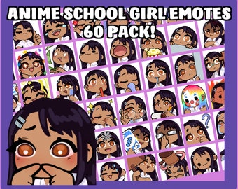 Anime Chibi School Girl Emotes Brown Eyes, Black hair, Bangs, Tan Skin, Piercings, 60 pack