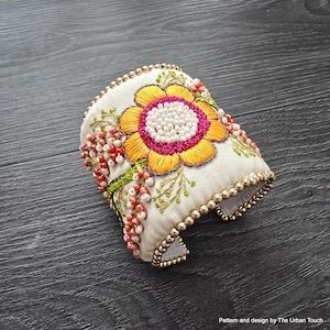 Hand embroidered bohemian floral wide cuff bracelet