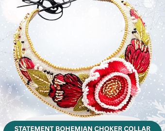 手刺繍のボヘミアン風フローラルステートメントビブネックレス