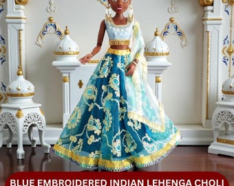 Abito indiano blu realizzato su misura per la bambola Disney Princess da 32 pollici, modello e design originali Lehenga choli con dupatta