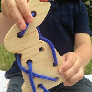 May include: A wooden bunny toy with holes for threading a blue cord. The toy is being held by a child's hands.