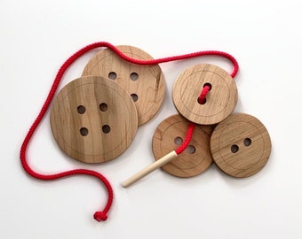 Wooden Buttons Lacing Toy, Montessori Materials, Gifts for Kids, Fine Motor Skills, Wood Learning Activity