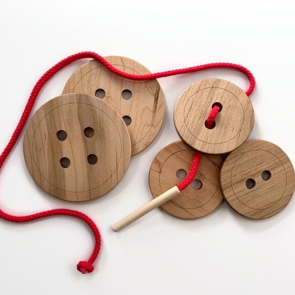 Wooden Buttons Lacing Toy, Montessori Materials, Gifts for Kids, Fine Motor Skills, Wood Learning Activity