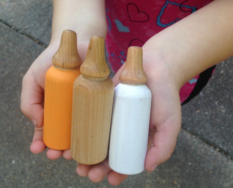 Wooden Baby Bottles, Toy Doll Bottles, Doll Accessories, Baby Bottle Props, Wood Toys, Waldorf Toy, Gifts for Kids, Toys for Toddlers image 1