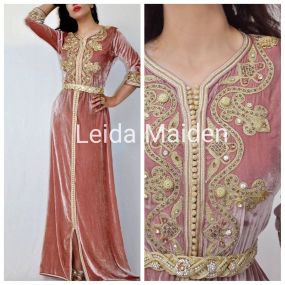 Velvet Dusty Pink Kaftan Dress With Gold Embroidery Wedding Etsy