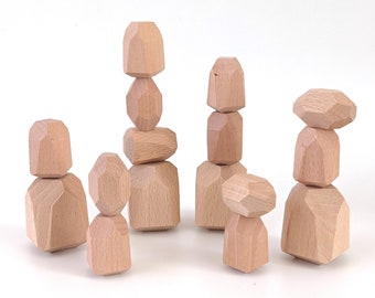16 pcs  Natural Wooden Stacking Balancing Stone/Rock Montessori Rainbow Toys