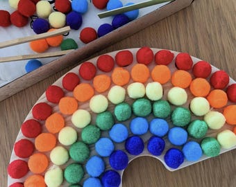 Rainbow Pom Pom Sorting Tray Earthy Colour Fine Motor Math Skill