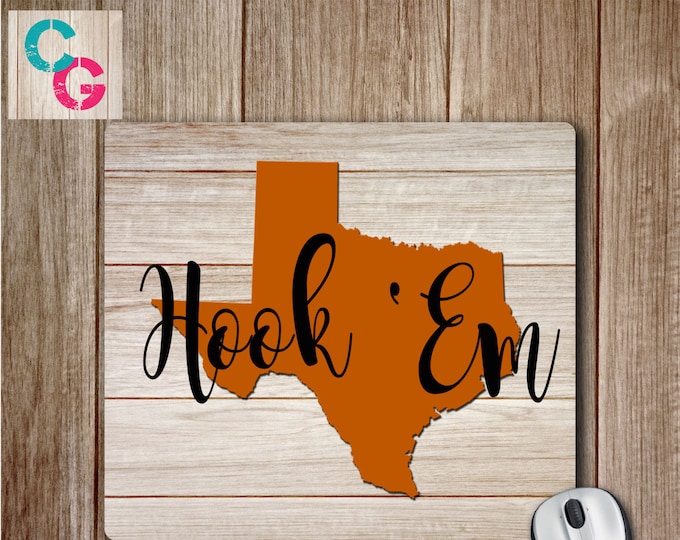 Texas Longhorn Mouse pad on Plank Background, Hook Em Horns Mouse pad, Cute Mouse Pad, Cute Desk Accessory, UT Longhorns decor