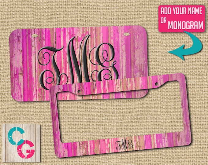 Pink License Plate, Pink License Frame, Custom License Plate, Monogram License Plate, Rustic Gift, Pink License Plate