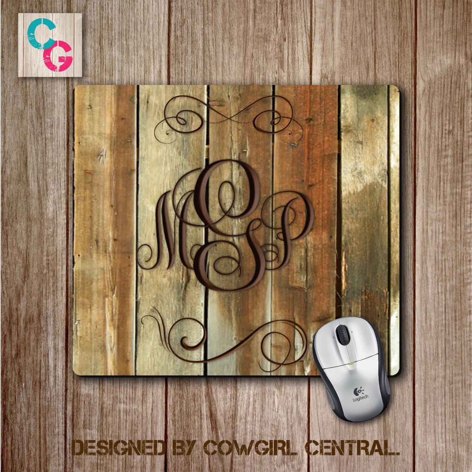 Monogram Mousepad On Wood Background Cute Desk Accessory Office
