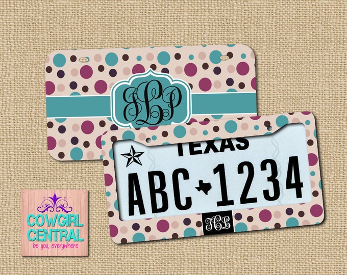 Polka Dot License, Monogram License, Polka Dot gift, sweet 16, car art, custom license plate, personalized license, license plate frame