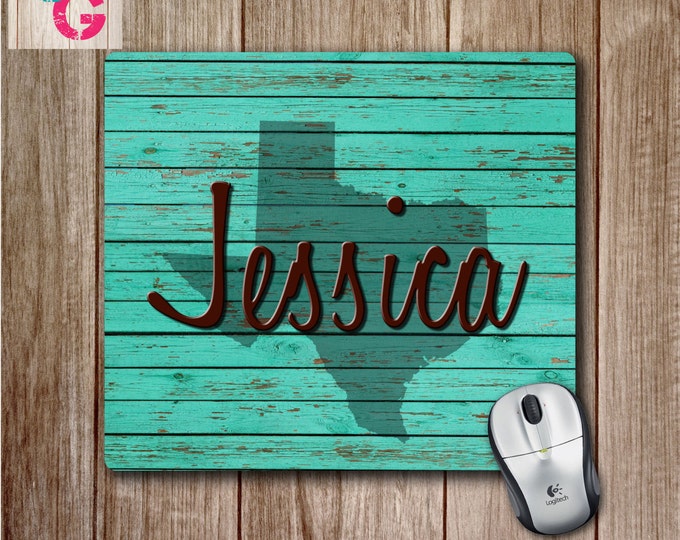 Texas Mouse pad on Teal Wood Plank Background, Personalized Mouse pad, Wood Plank Mouse pad, Office Accessories, Texas Themed Decor