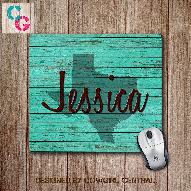 May include: A turquoise blue mouse pad with a distressed woodgrain design. The outline of the state of Texas is in the center of the mouse pad with the name "Jessica" written in brown cursive script.