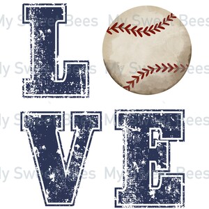 May include: A distressed blue graphic of the word "LOVE" with a vintage baseball in the center. The baseball is white with red stitching.