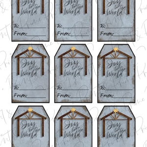 Faux Tin Nativity Joy to the World Printable Christmas Tags