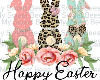 Happy Easter Fancy Bunny Leopard Print Floral Pearls Sublimation Digital Download PNG File