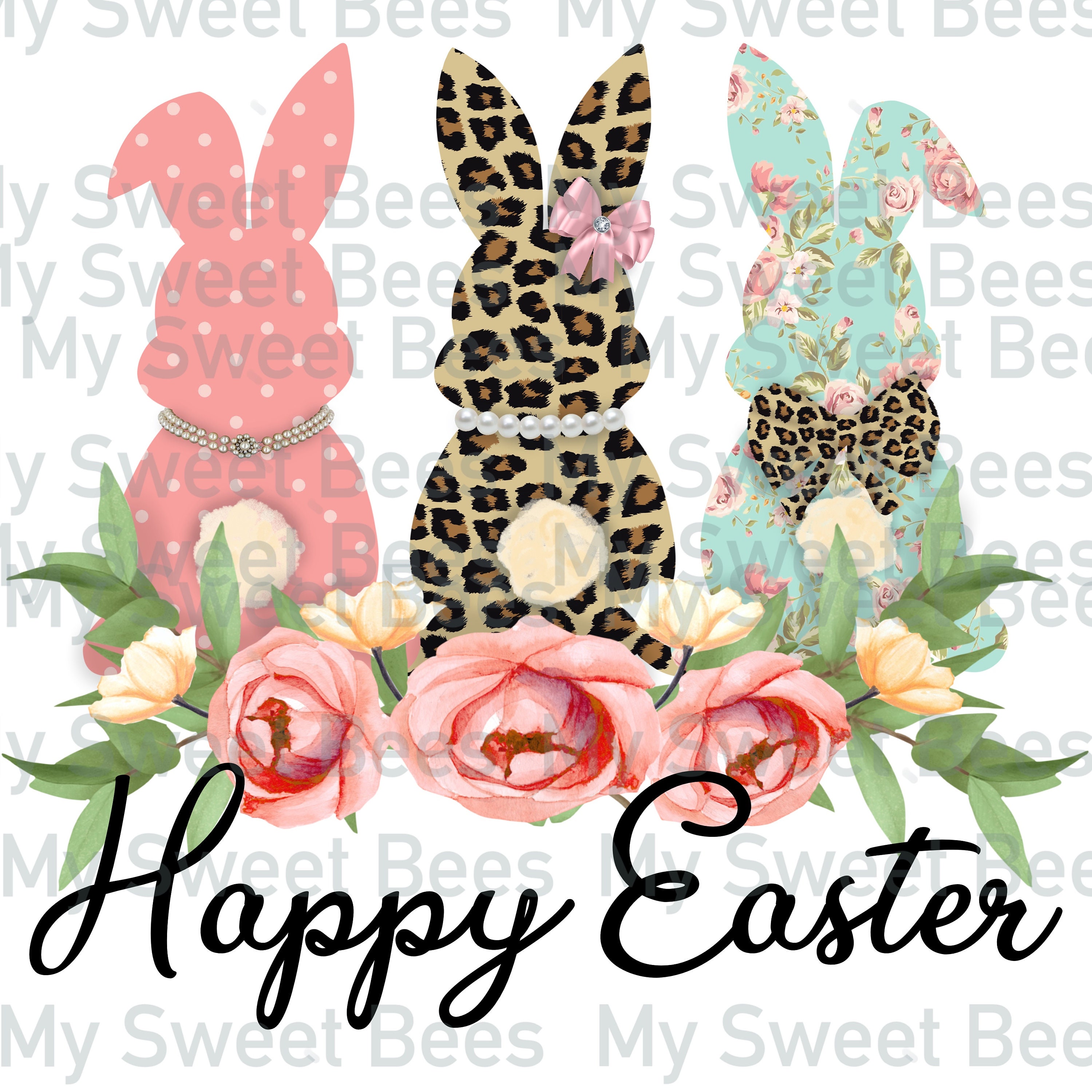 Happy Easter Fancy Bunny Leopard Print Floral Pearls