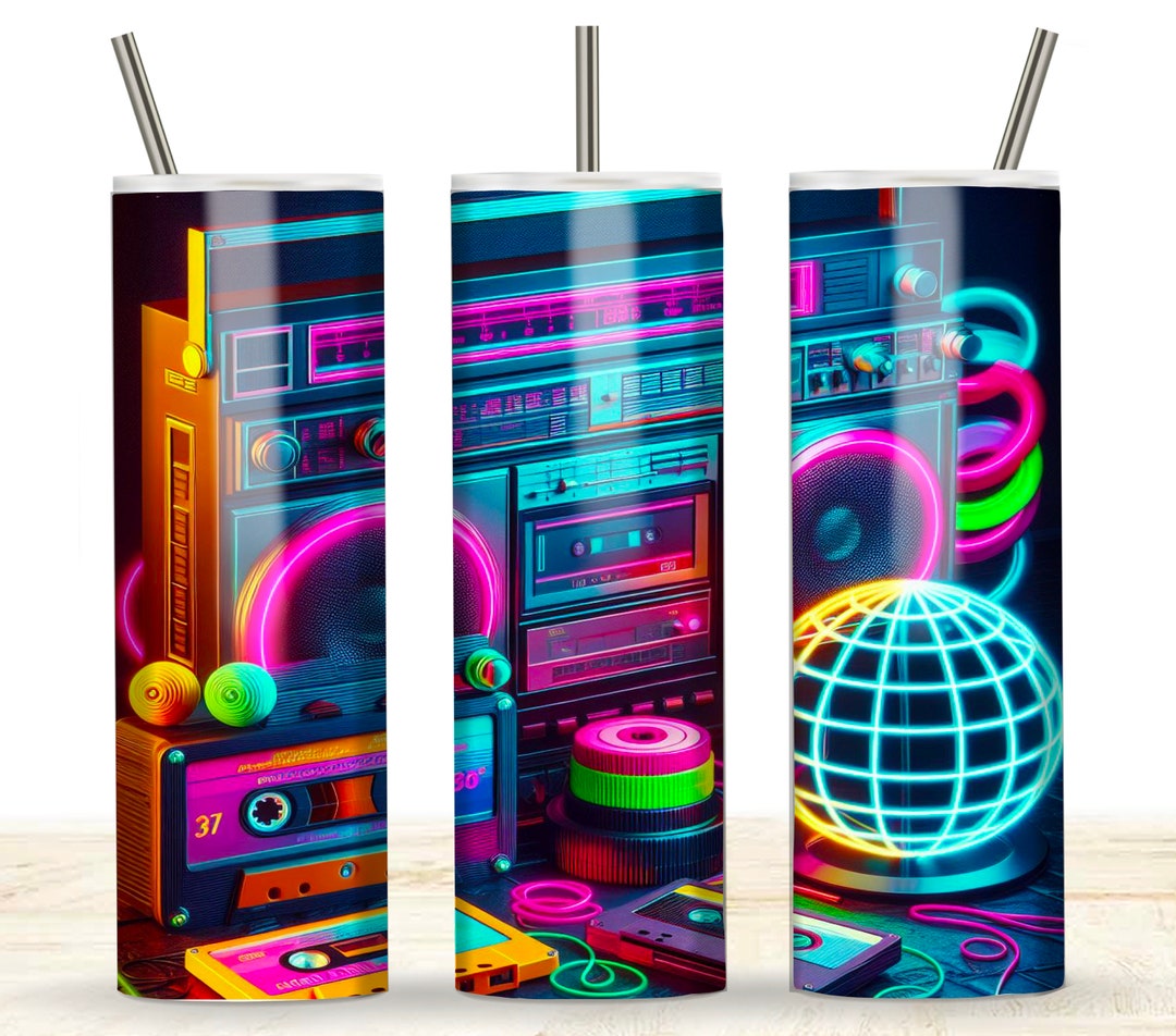 1980s Neon Boombox Cassette Tape Retro PNG File 20 Oz Skinny Tumbler ...