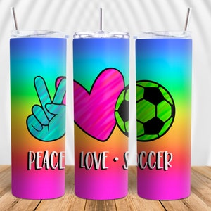 Neon Peace Love and Soccer Bright Skinny Tumbler Sublimation PNG File