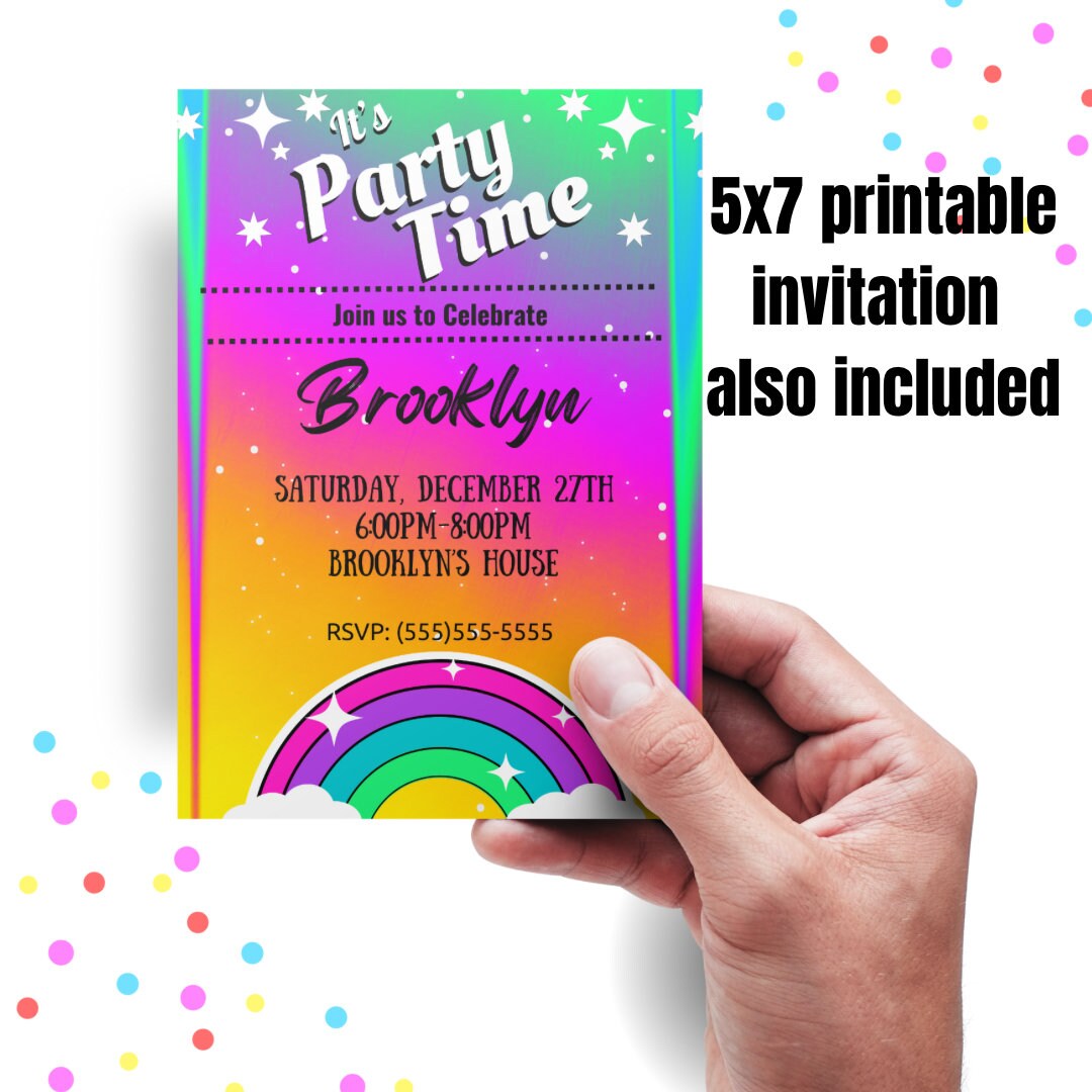 Bright Rainbow Party Time Digital and 5x7 Printable Birthday Invitation ...
