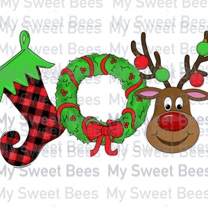 Joy Christmas Buffalo Check Stocking Wreath Reindeer Sublimation Digital Design Download PNG