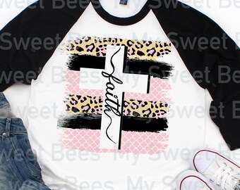 Faith Cross Pink Leopard Print Brushstroke Christian Sublimation Digital Download