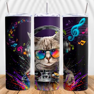 Bright Color Musical Notes DJ Cat Kitten Mixing Dance Club Sublimation Skinny Tumbler PNG File