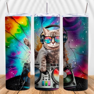 Tie Dye Bright DJ Cat Kitten Stars Music Dance Skinny Tumbler Sublimation Funny PNG File Digital Download Best Seller