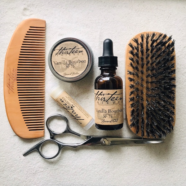 Ultimate Beard Grooming Kit - Natural Handmade Beard Balm and Oil Products, Barber Shears, Beard Comb, Boar Bristle Brush, Grooming Tools