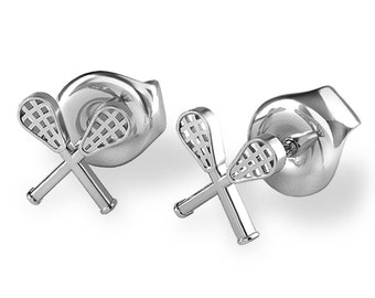 Sterling Silver lacrosse stud earrings / Girls Lacrosse Jewelry in 925 Silver Lacrosse Stick Gift / Lacrosse Coach FREE SHIPPING
