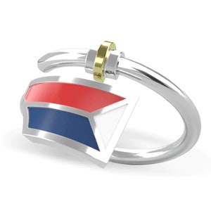 May include: A silver ring with a red, white, and blue enamel flag design. The ring has a gold band around the top.