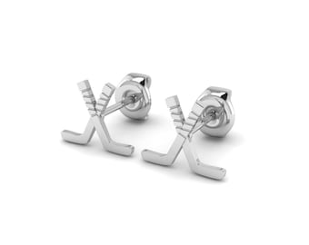 Eishockey Ohrstecker in Premium Silber, gekreuzte Stäbchen
