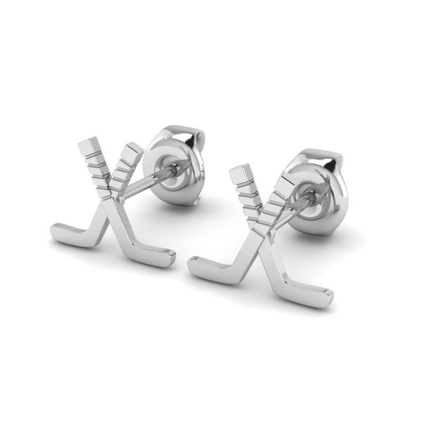 Ice Hockey Stud Earrings in Premium Silver, Crossed Sticks