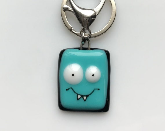 Keychain cute teal monster / handmade fused glass , acessories key holder women , teans, men