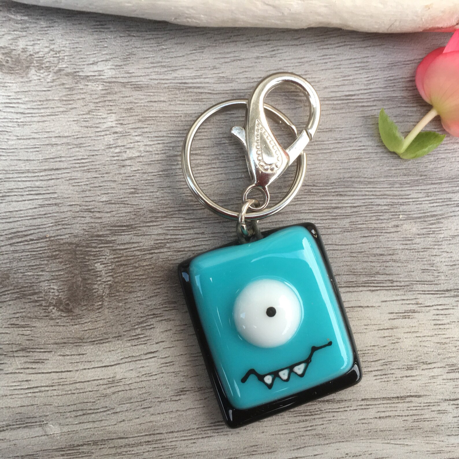 Keychain Cute Teal Monster / Handmade Fused Glass Acessories Etsy