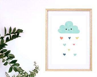 Affiche Art Mural - Impression Numérique - Décoration Murale - Nuage et Pluie de Cœurs Bleu - Chambre d'enfant - bébé