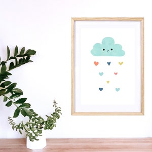 Affiche Art Mural-impresja Numérique-dekoracja Murale-Nuage et Pluie de Cœurs Bleu-Chambre d'enfant-bébé
