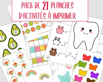 May include: A collection of 21 printable activity sheets for children. The sheets feature colorful illustrations of avocados, circles, animals, a tooth, butterflies, rainbows, and more. Text at the top reads "PACK DE 21 PLANCHES D'ACTIVITÉS À IMPRIMER".