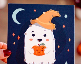 Carte à broder- Le Petit Fantome et sa citrouille